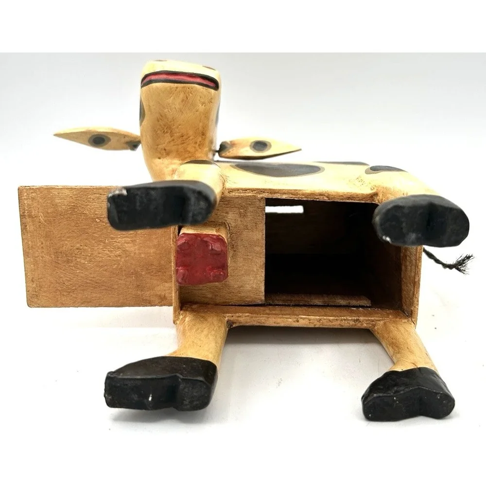 Vintage Cow Piggy Bank Hand Painted Wood Wooden 7